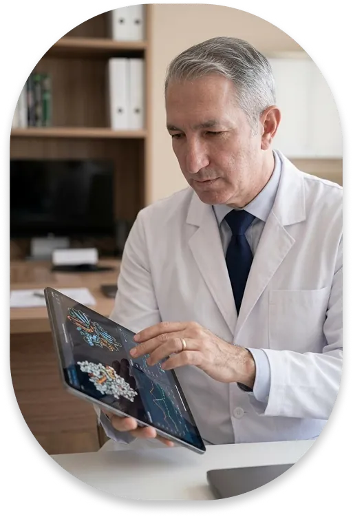 Dr. Marcelo Bravin analisando exame em um tablet